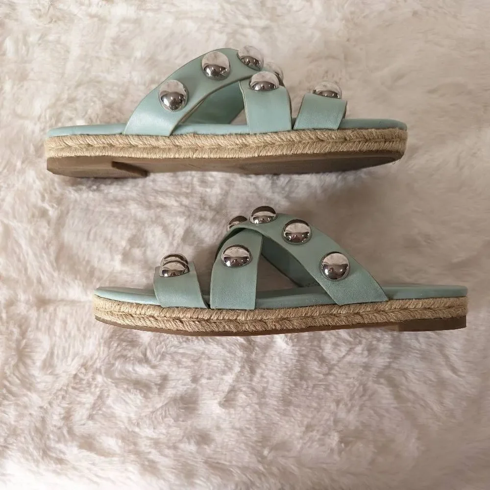 Marc Fisher Prisca Ball-Studded Espadrille Sandals Sage Green Size 8.5